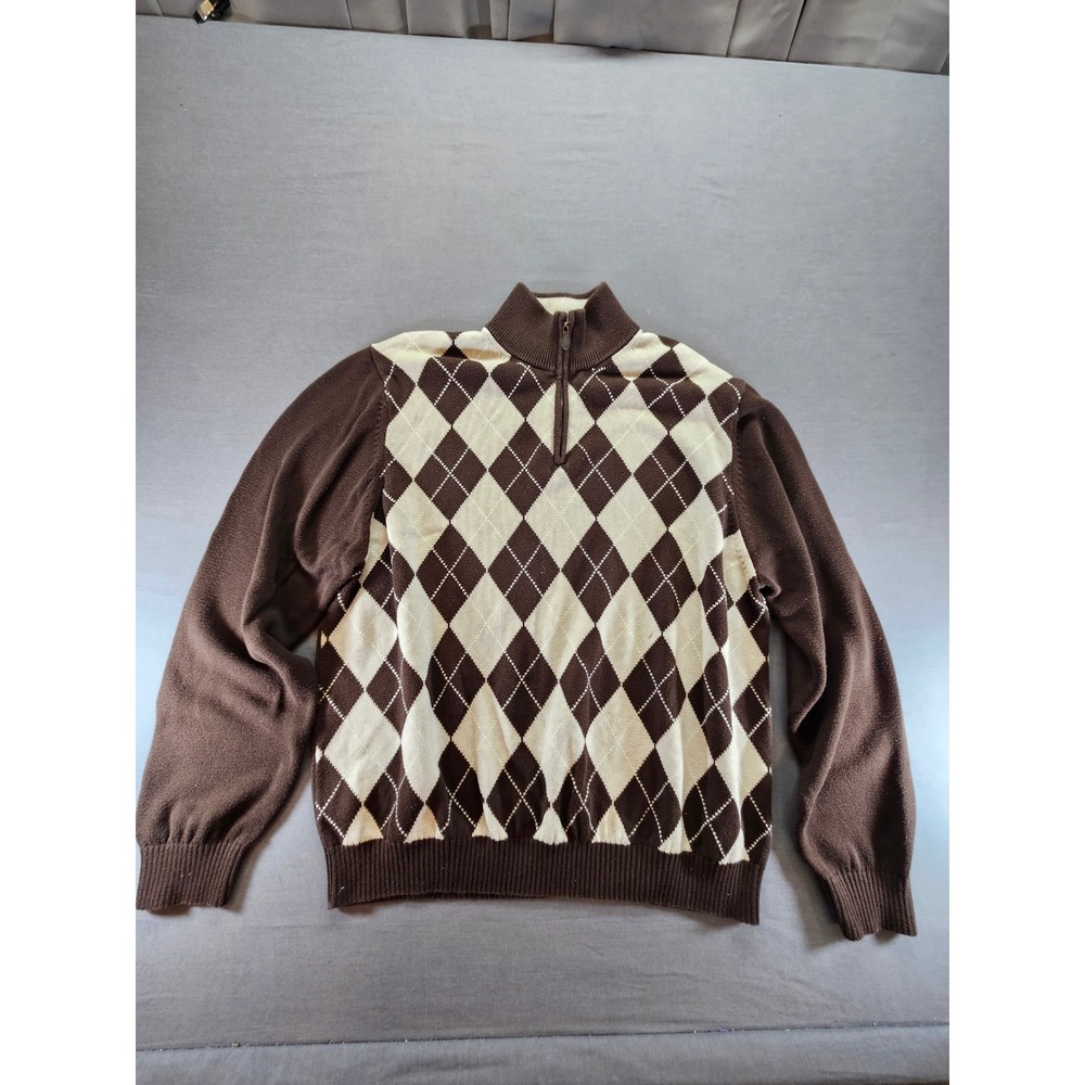 Brooks Brothers Supima Cotton Argyle Quarter Zip Sweater Brown Cream Mens XL